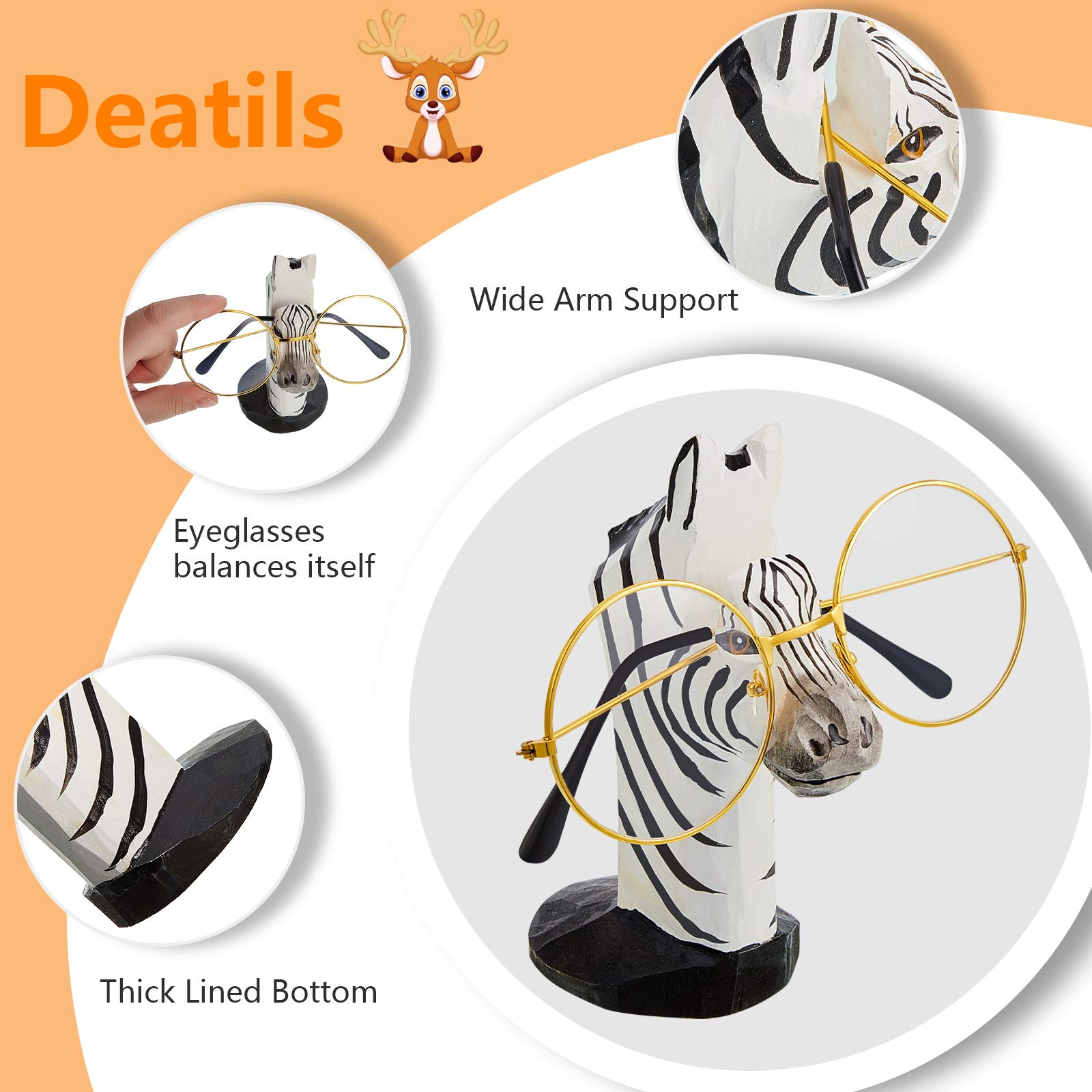 Weewooday 2 Pcs Wooden Animal Eyeglass Holder Hand Carved,Giraffe, Zebra