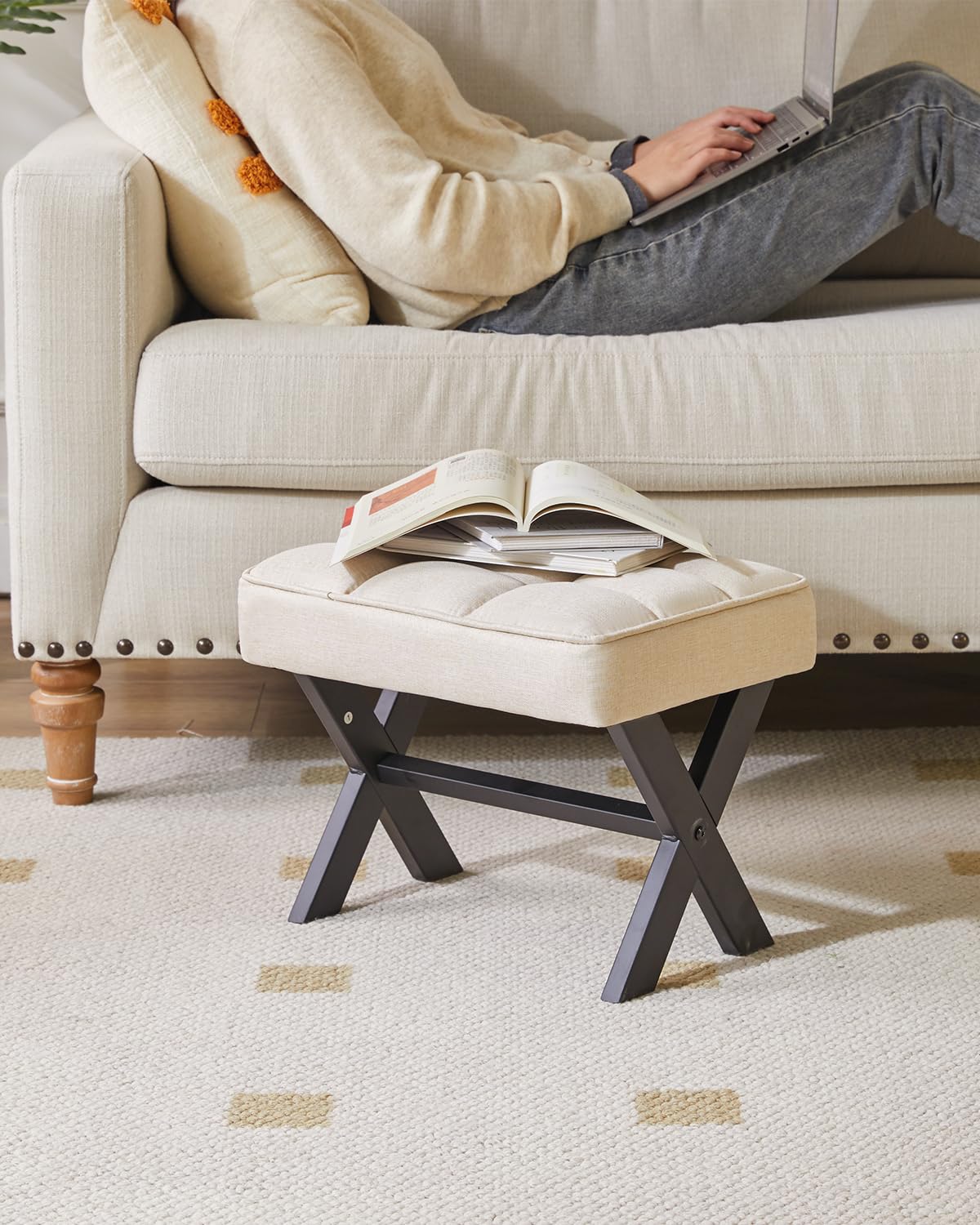 IBUYKE Small 12" H Footrest, Square Linen Step Stool, Linen WBD011Y
