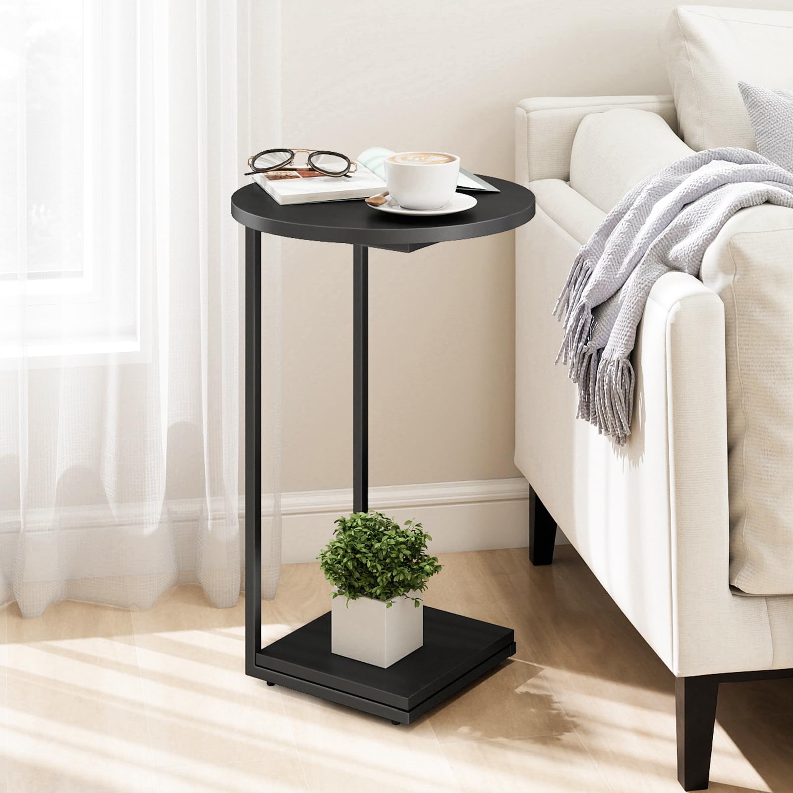 HDANI C-Shaped Side Table,Round End Table under Sofa,Bedside Table,Sofa Side Table with Metal Frame,Small Coffee Snack Table for Living Room