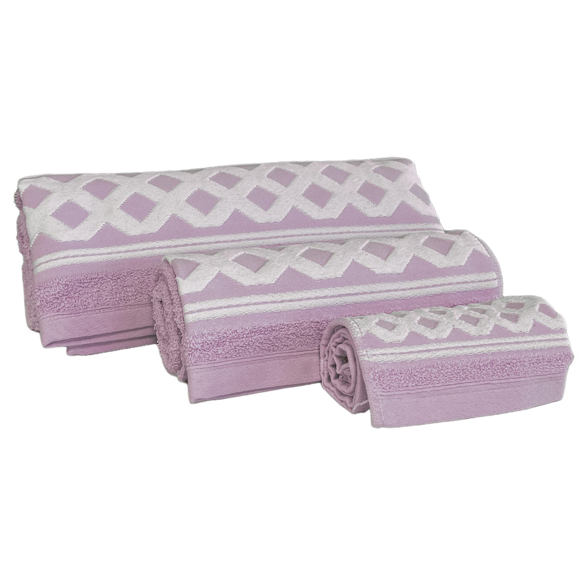 WELL HOME MOBILIARIO & DECORACIÓN Set of 3 Terry Cotton Bath Towels 450 gr/m2, 50 x 30, 100 x 50, 150 x 100 cm, Lilac Diamond Collection