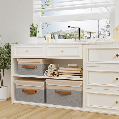 OUTBROS 2 Pack Fabric Storage Boxes with lids, 45x30x30cm Beige/Grey