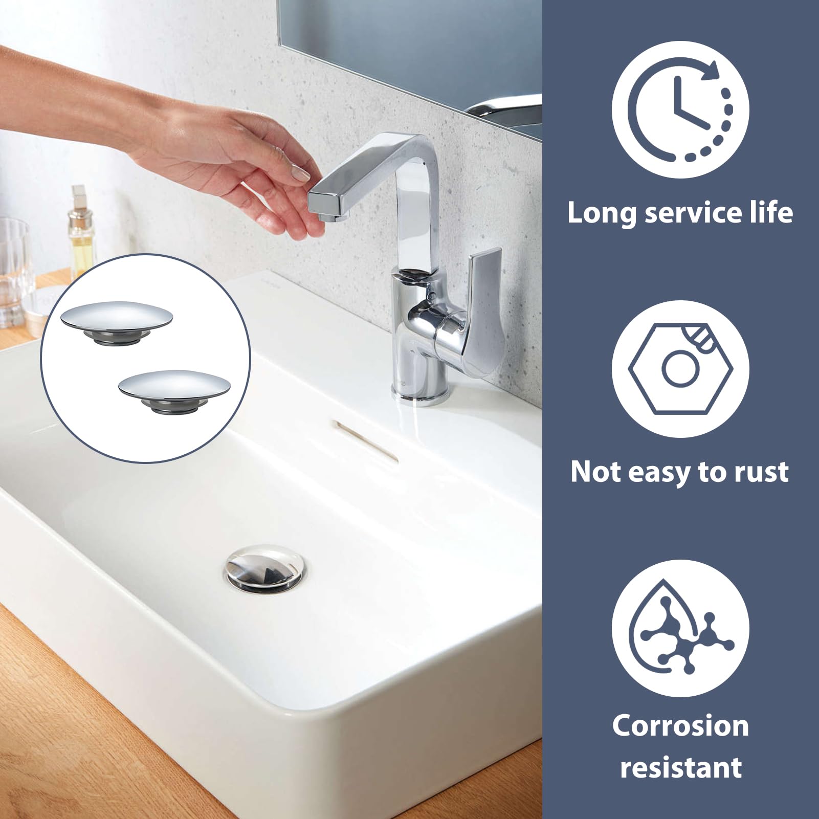 2 Pcs Bathroom Sink Push Button Replacement Parts, Easy Pop Up Bathroom Sink, 66mm Push Button Pop Up Sink Waste Drain Stopper