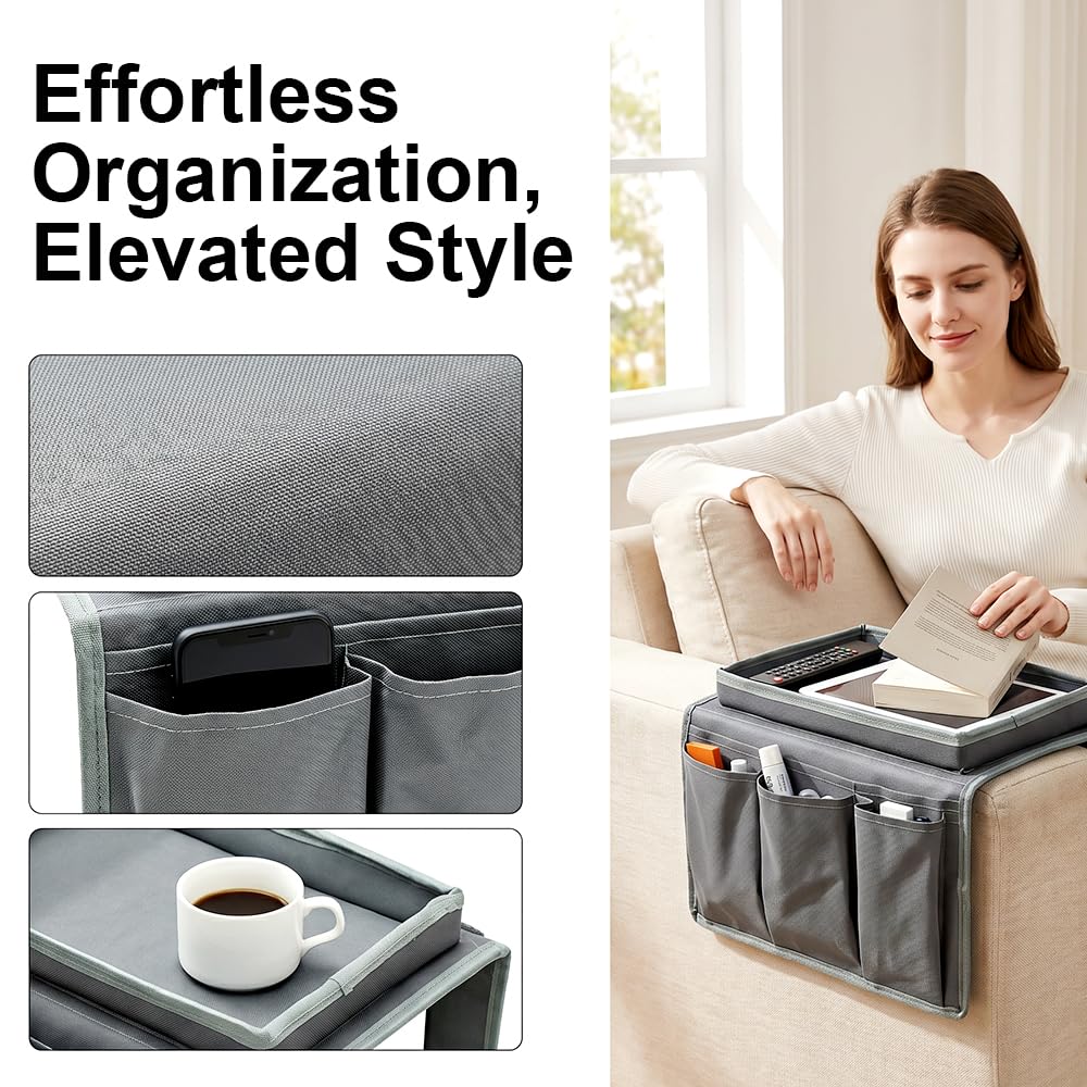 HATFRYF Sofa Arm Chair Tray Organisers Waterproof Non-Slip, Arm Chair Caddy, with 6 Bags, for Magazine, Phone, TV Remote, Drinks, Book, Snacks