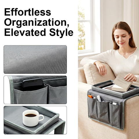 HATFRYF Sofa Arm Chair Tray Organisers Waterproof Non-Slip, Arm Chair Caddy, with 6 Bags, for Magazine, Phone, TV Remote, Drinks, Book, Snacks