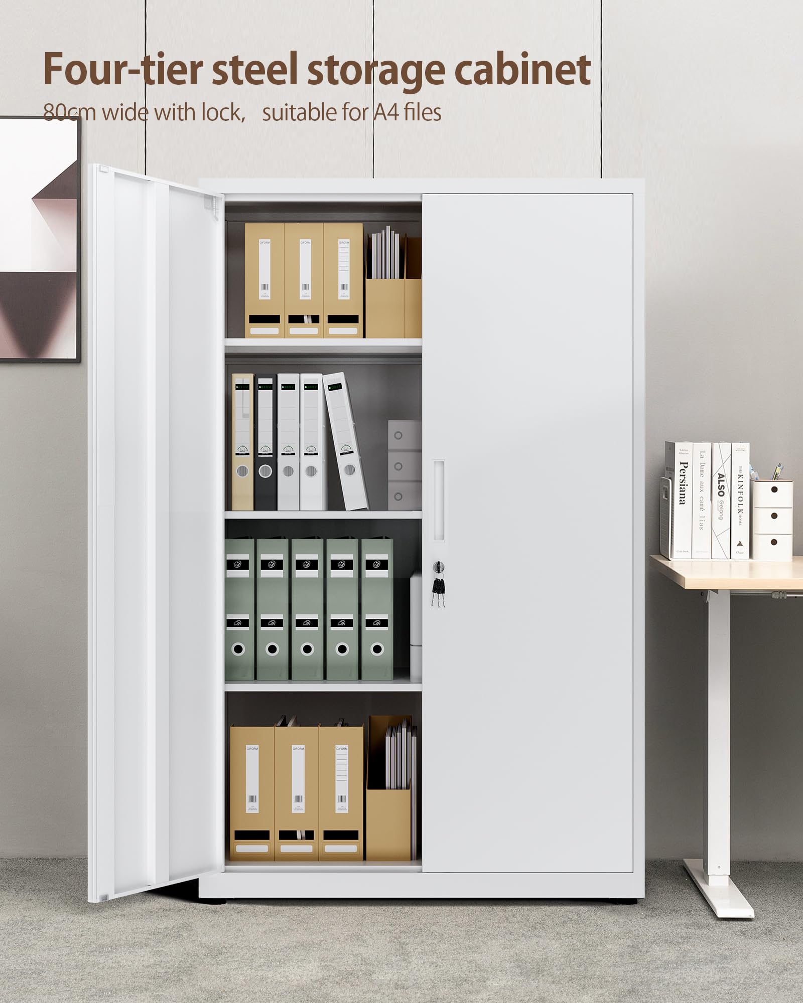 LAND·VOI 4-Tier Lockable Tall Storage Cabinet, Adjustable Shelves Double Door Cupboard 40×80×131.5cm White