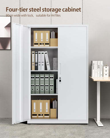 LAND·VOI 4-Tier Lockable Tall Storage Cabinet, Adjustable Shelves Double Door Cupboard 40×80×131.5cm White