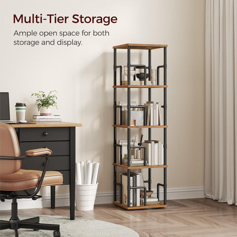 MAHANCRIS Rotating Bookshelf, 4-Tier Spinning Bookcase, 360° Revolving Bookcase, Storage Turning Shelf with Rails for Corner, Living Room, Bedroom