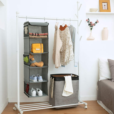 BrilliantJo Hanging Storage with 5 Shelves Set of 2 Wardrobe Closet Organiser, Storage Shelves Unit with 6 Pockets for Clothes - Grey 108H x 30W x 30L