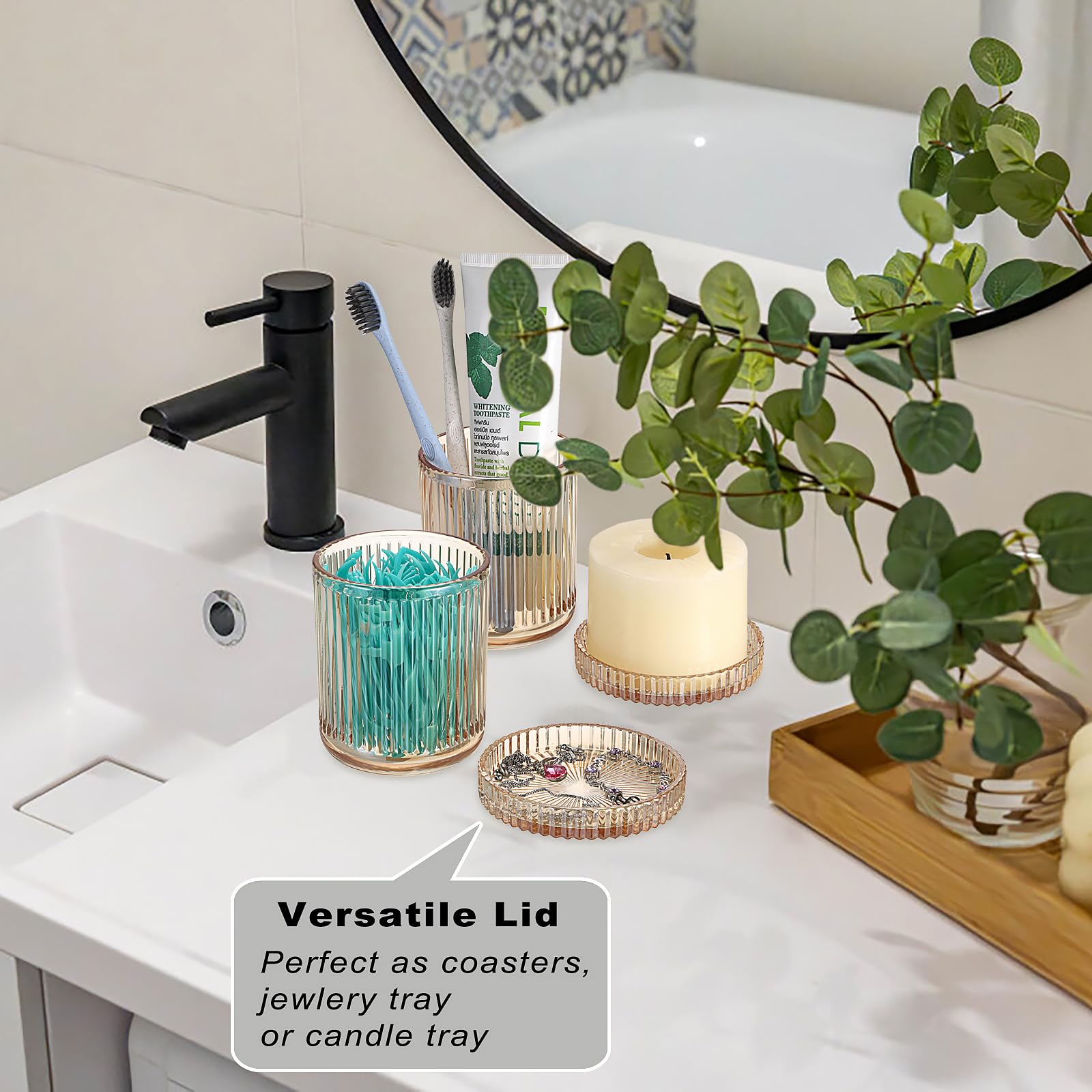 OLegei Glass Cotton Ball and Swab Holder Organizer, Set of 2 Bathroom Glass Storage Jars with Lid, Q-tips Floss Dispenser