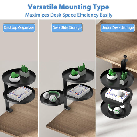 ROLIZOE 3 Tier Clamp On Desk Shelf Organiser with 25cm Adjustable Metal Storage Tray Above or Under Desk Storage 360 Rotating Shelving Rack No
