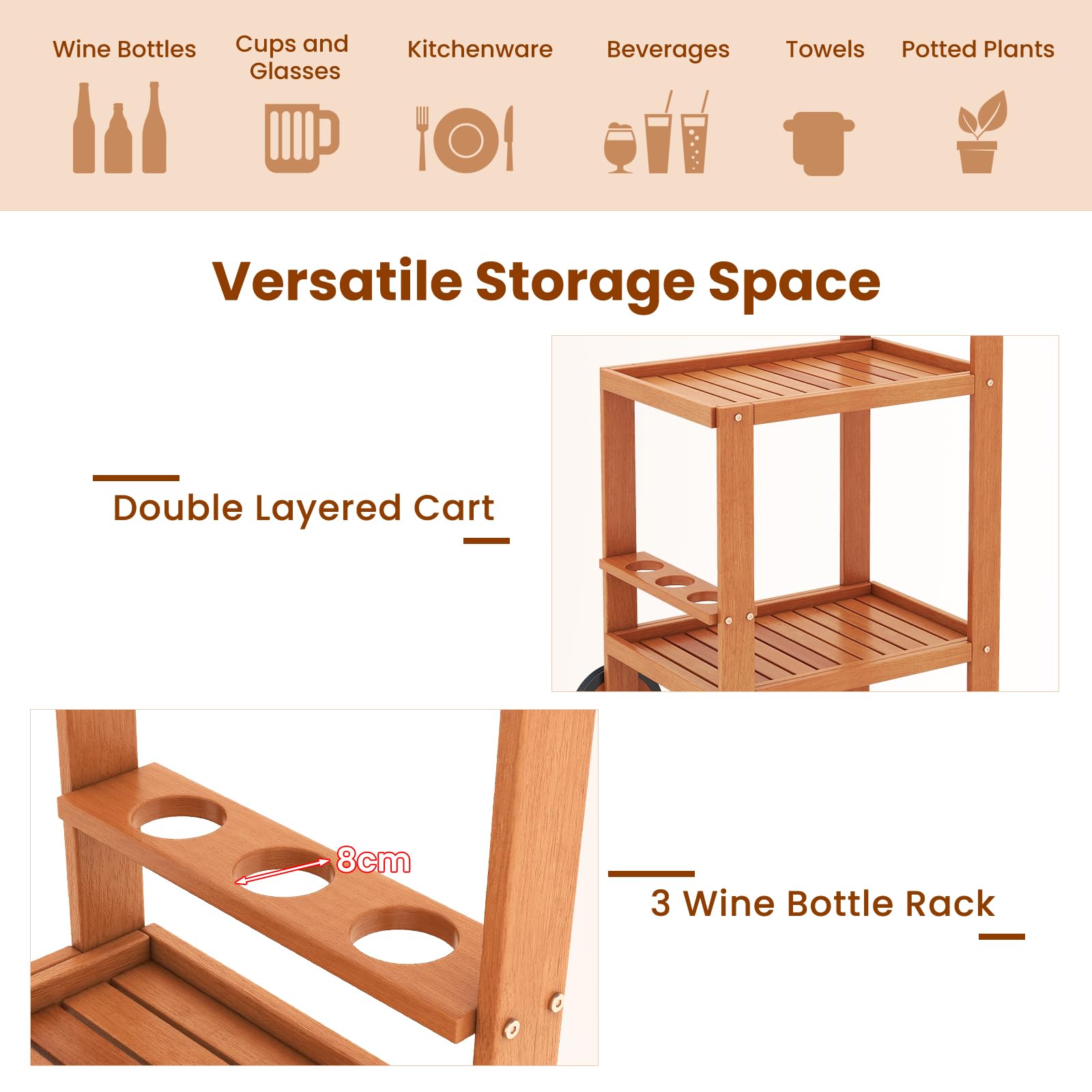 GiantexUK 2-Tier Serving Trolley, Wooden Bar Cart with Wine Bottle Holders, 2 Wheels & Handle