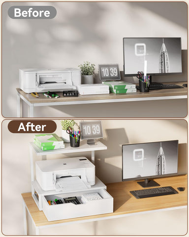 IBUYKE 2 Tier Desktop Printer Stand,Printer Table with Storage Shelf,Multi-Purpose Desk Organizer for Folders,Books,for Fax Machine