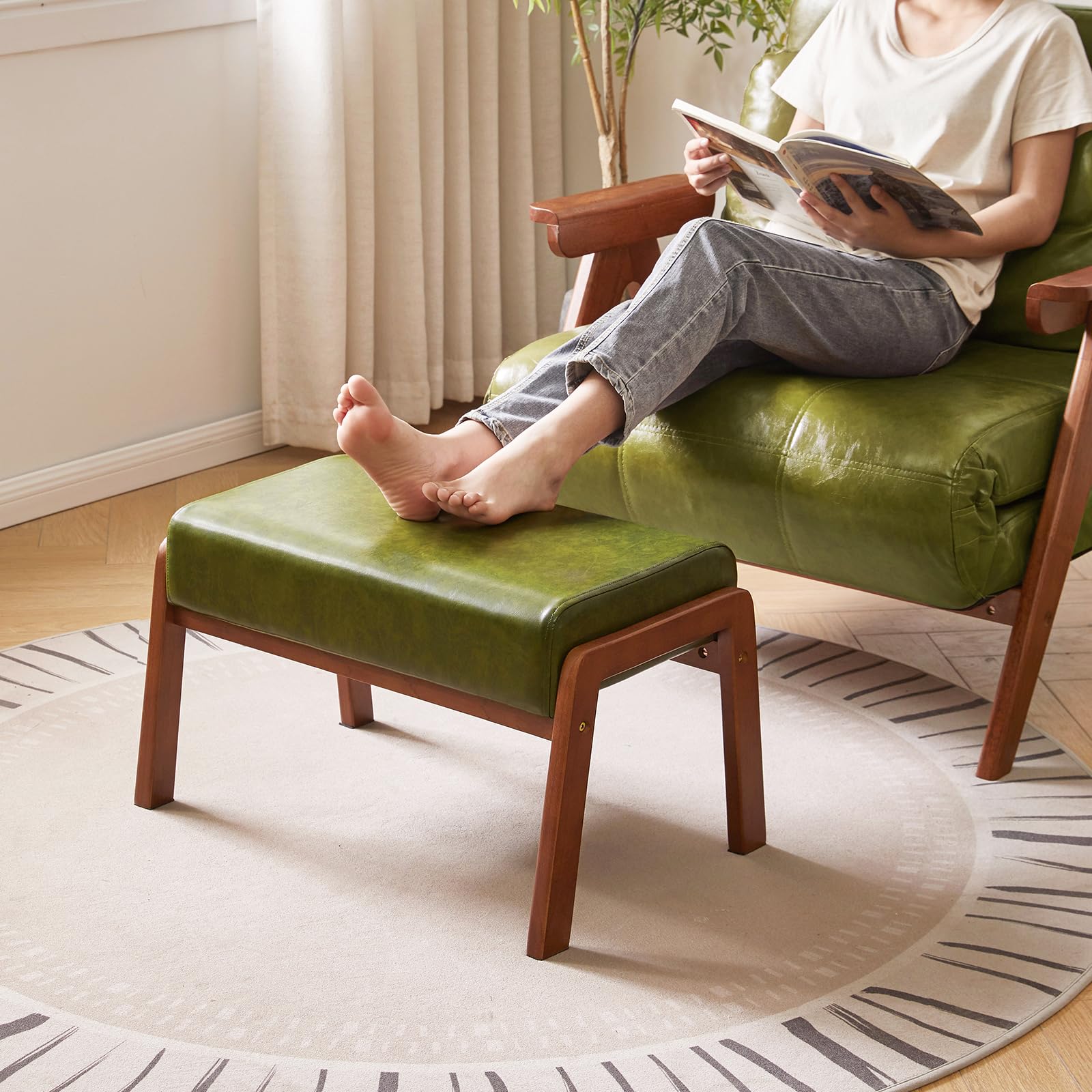 IBUYKE 14.2” H Large Foot Stool Ottoman, Rectangle PU Faux Leather Foot Rest with Padded Seat and Wood Legs