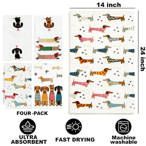 4 Pack sausage dog gifts and Dachshund Gifts Tea Towels sausage dog gifts for Kitchen Featuring Cute Sausage Dog Patterns -Dog Towels Made of Super
