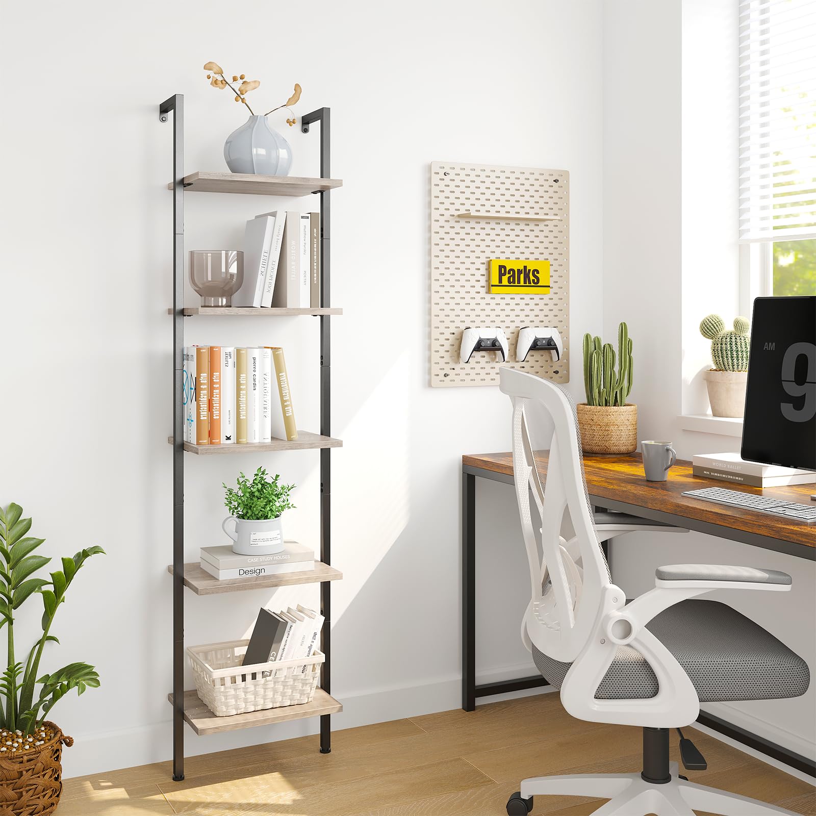ELYKEN Slim Leaning Ladder Shelf Wall Mounted Wooden Narrow Shelf Unit
