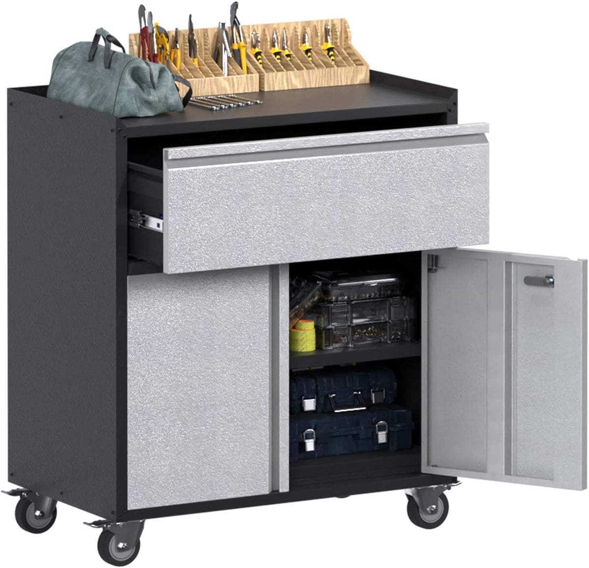 SUPEER Metal Garage Cabinet with Wheels and 2 Doors &1 Drawer