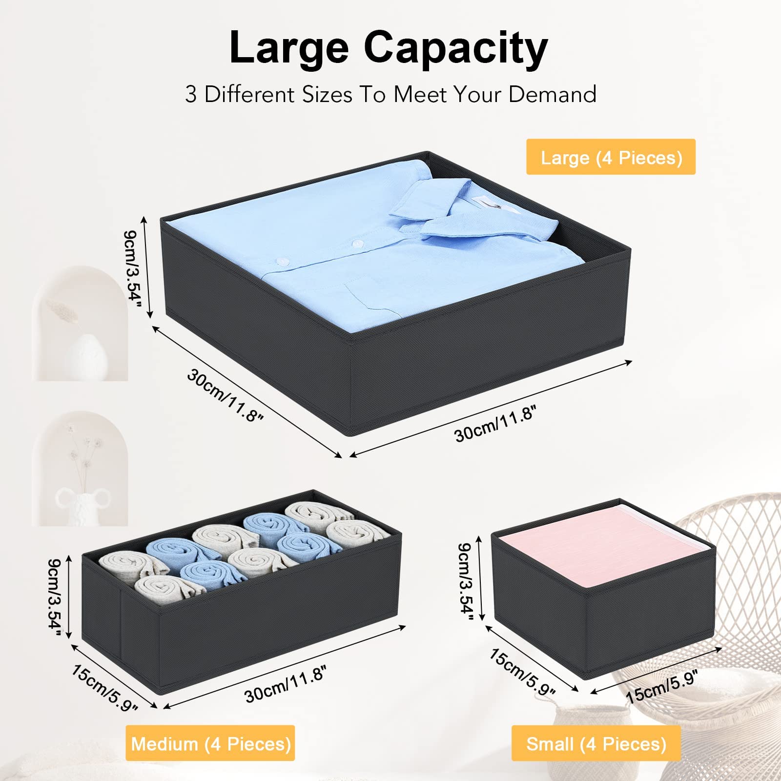 DIMJ 12 Pack Clothes Draw Organisers Fabric Drawer Dividers, 3 Size, Black