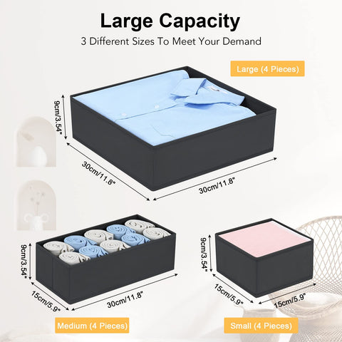 DIMJ 12 Pack Clothes Draw Organisers Fabric Drawer Dividers, 3 Size, Black