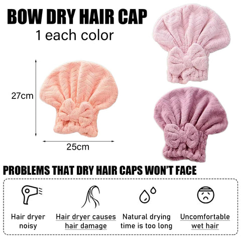 DKDDSSS 3 Pack Microfiber Hair Drying Towels, Hair Drying Cap, With Bow-Knot Shower Cap, Super Absorbent