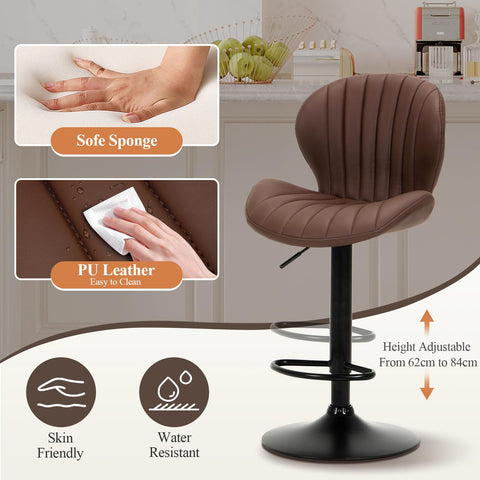 COLAMY Breakfast Bar Stools Set of 2, Modern Swivel Kitchen Bar Chairs, Adjustable PU Leather Upholstered Barstools Counter Height with High Backrest
