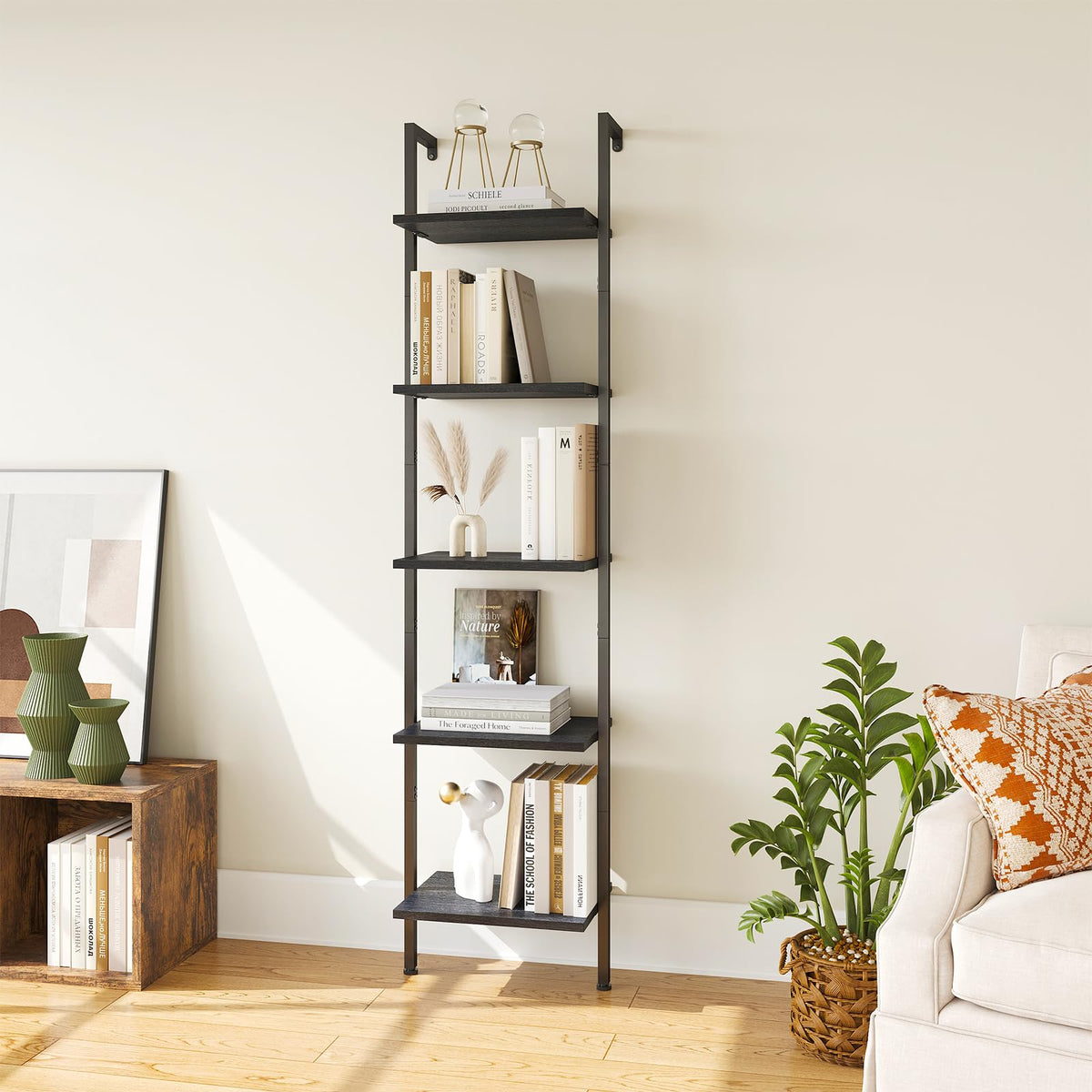 ELYKEN Slim Leaning Ladder Shelf Wall Mounted Wooden Narrow Shelf Unit