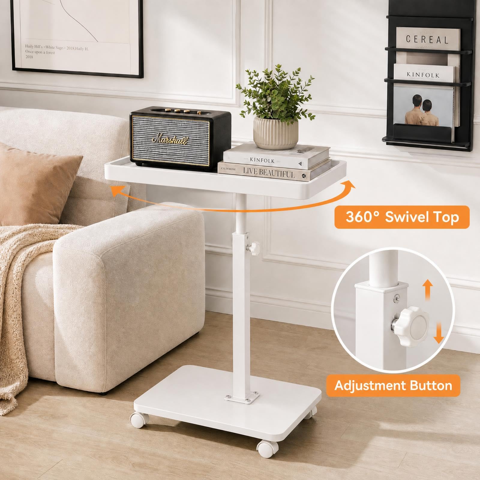 Shilanmei C Shaped Side Table Adjustable Height Wheeled Sofa Table White