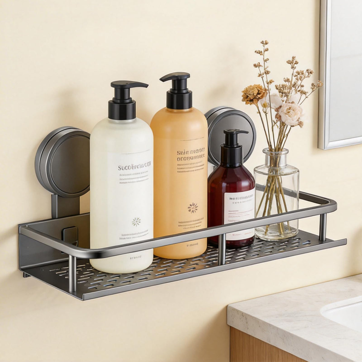 YancLife Suction Shower Caddy - Grey Suction Cup Shower Organiser, No Drilling Storage Basket for Spice Jars and Shampoo