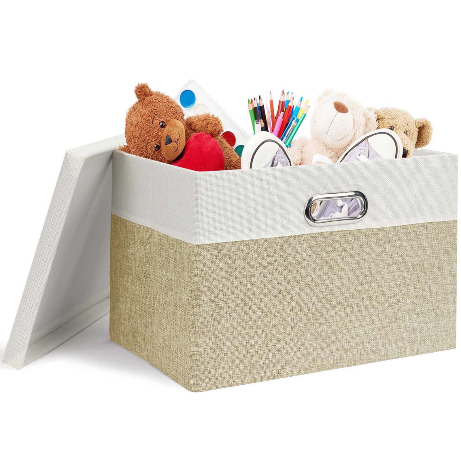 Febzoce Storage Boxes with Lids, Storage Baskets for Shelves Foldable Fabric Storage Bins Organizer for Home and Office Light Brown and White Medium