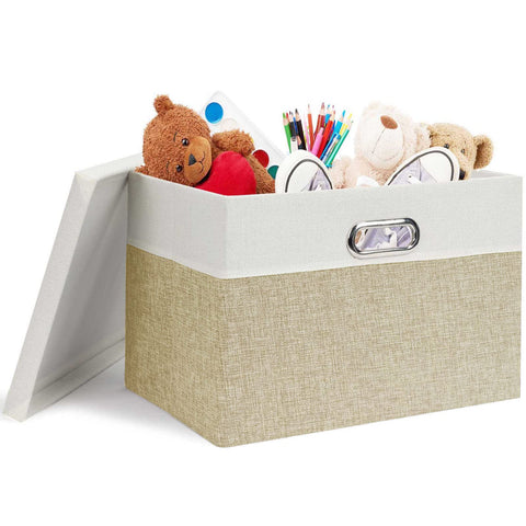 Febzoce Storage Boxes with Lids, Storage Baskets for Shelves Foldable Fabric Storage Bins Organizer for Home and Office Light Brown and White Medium