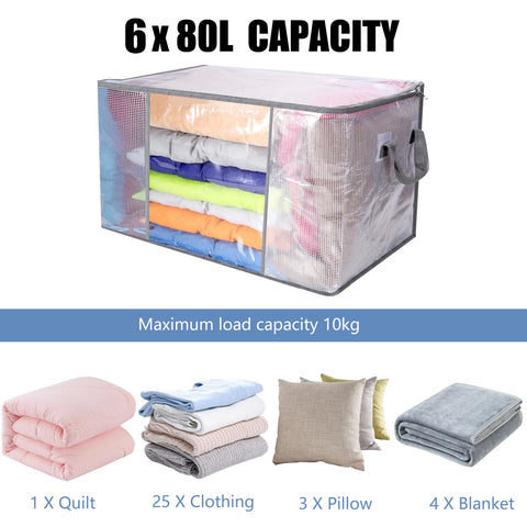 SUNNOW 6 Pcs 80L Clothes Storage Bags, Large Storage Box with Lid, Clear PP