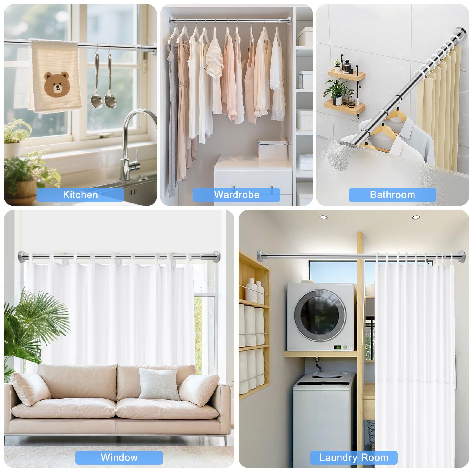 DEWEL Stainless Steel Shower Curtain Pole, 130-230cm Extendable No Drill Shower Curtain Rod Net Voile Curtains Rail