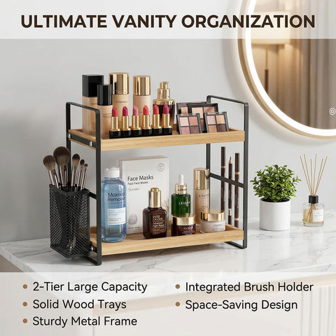 LEMIKKLE Skincare Perfume Organiser for Vanity, Bathroom Organiser Countertop, coffee station,Spice Rack 2-Tier Wood kitchen storage And organisation