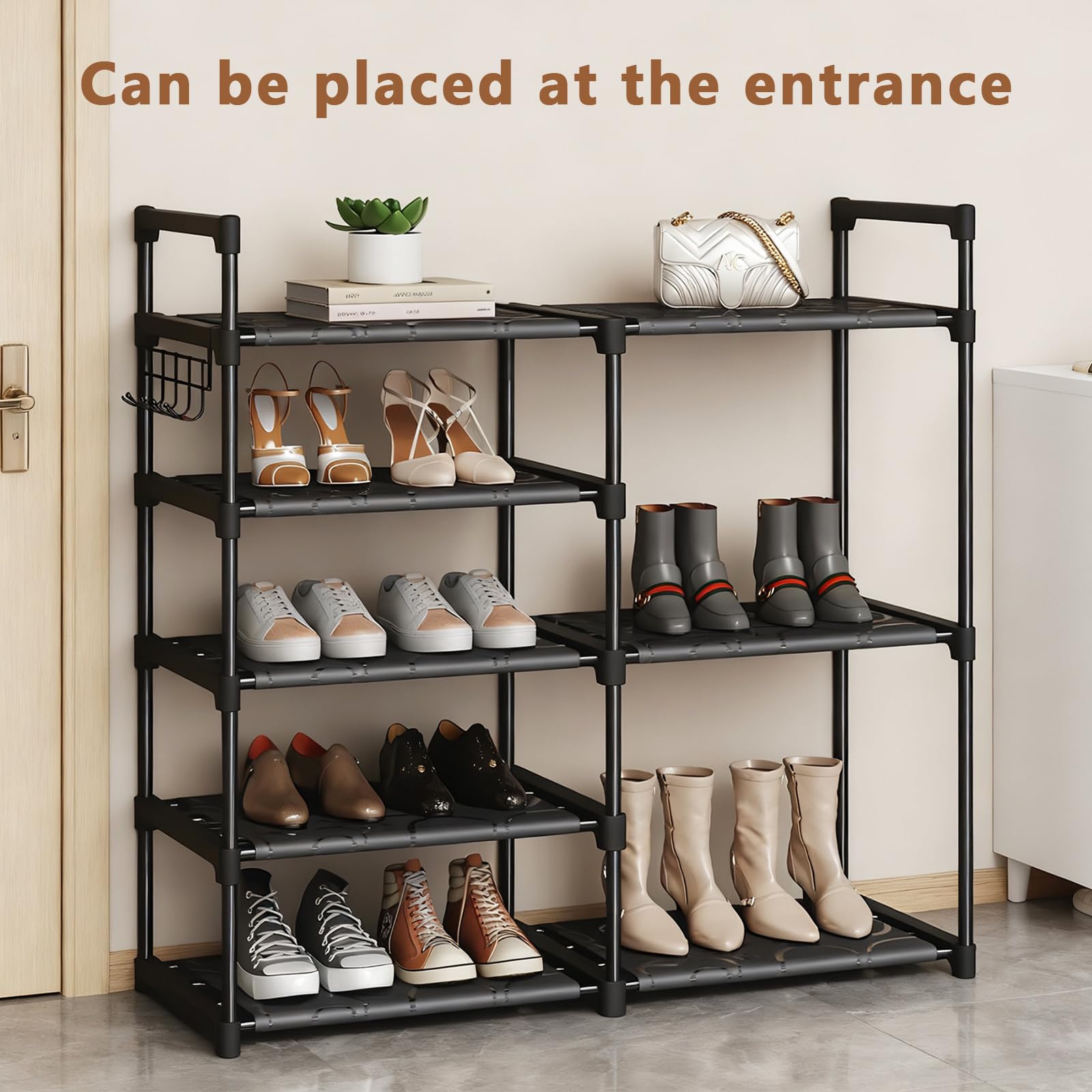 Altdnmaf 5 tier Shoe and Boot Storage Rack, 84cm Wide Large Welly Stand, Stackable Long Show Rack, for Entryway, Hallways, Kitchens