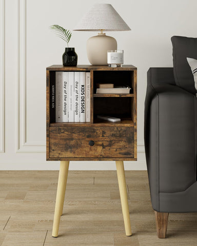 HEYZOEY Wooden Nightstand Mid-Century Modern Bedside Table, Rustic Brown