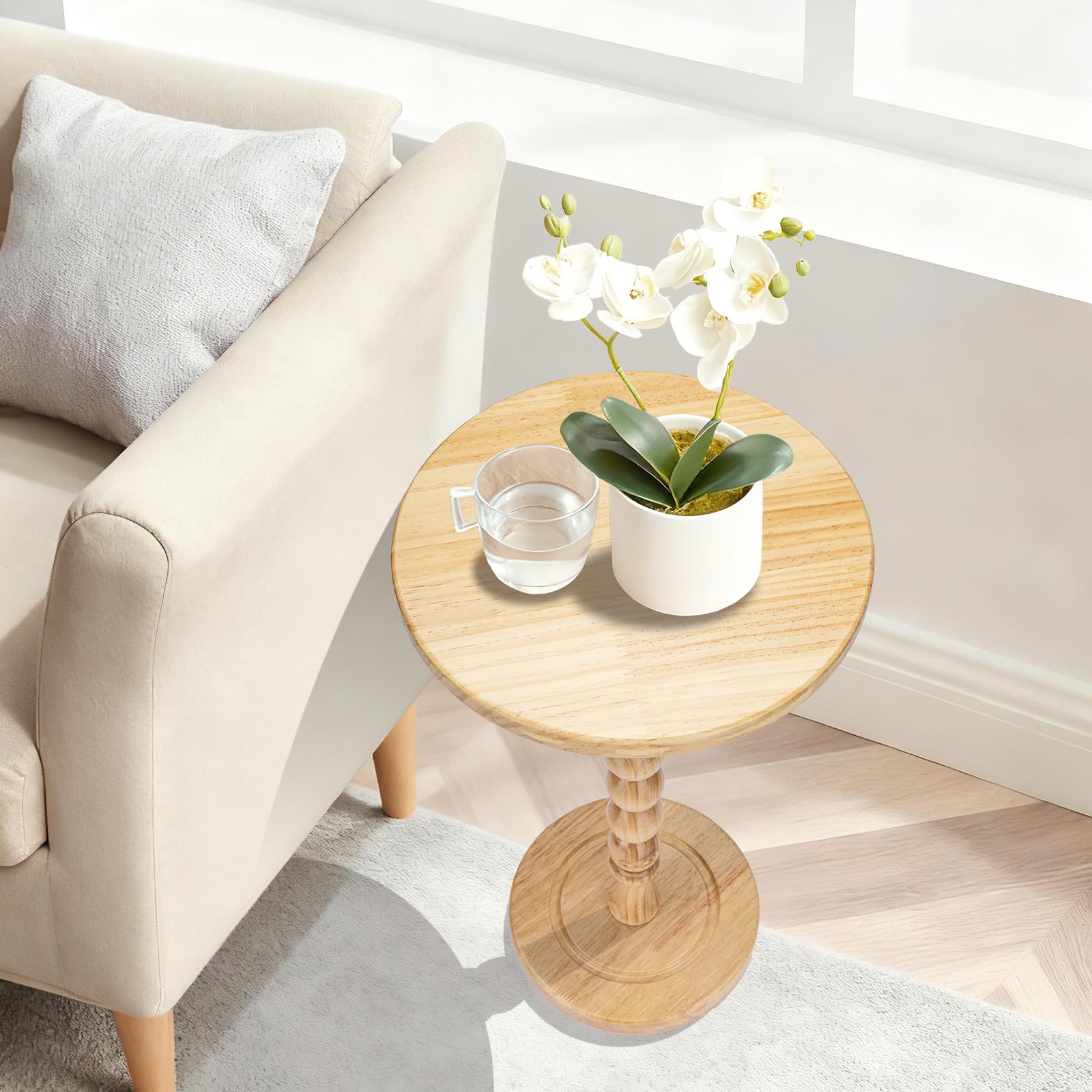 Lampaggio Round Side Table for Small Spaces, Drink Table with Oak Wood Pedestal, Modern End Table Nightstand for Living Room, Bedroom, Office