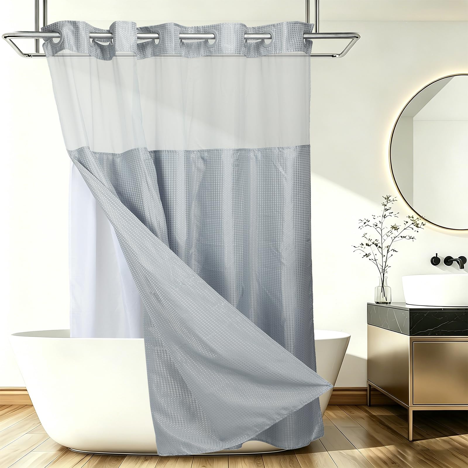 DTGN No Hook Shower Curtain, 180Wx183L cm Polyester Snap-in Removable Liner Set, Waterproof Washable Waffle Weave Textured Shower Curtains for Home