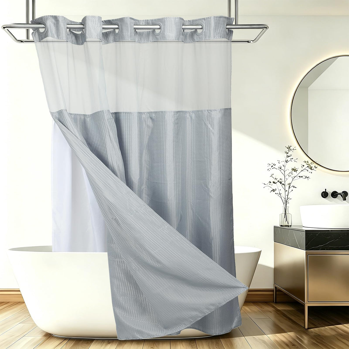 DTGN No Hook Shower Curtain, 180Wx183L cm Polyester Snap-in Removable Liner Set, Waterproof Washable Waffle Weave Textured Shower Curtains for Home