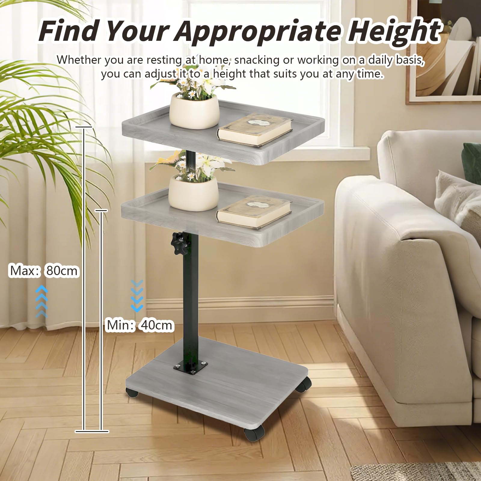 XUDREZ Adjustable Side Table, C Shaped Small Table with 4 Wheels 364° Swivel Tray, End Table for Living Room Bedroom Sofa Small Spaces