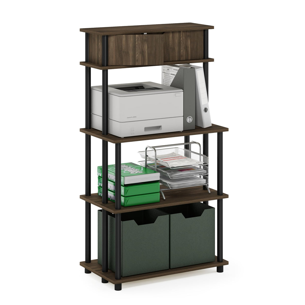 Furinno TURN-N-TUBE Printer Stand with Storage, 5-Tier Large Printer Stand, Printer Table with Top Cabinet, for CPU, Office Supplies, Brown Walnut