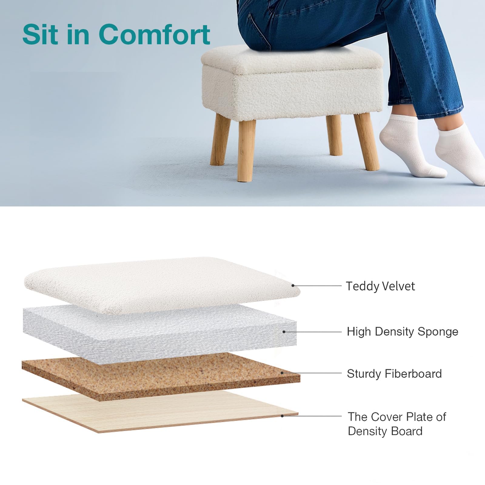 BRIAN & DANY Footstool Ottoman with Storage, Faux Teddy Fur Rectangle Storage Ottoman
