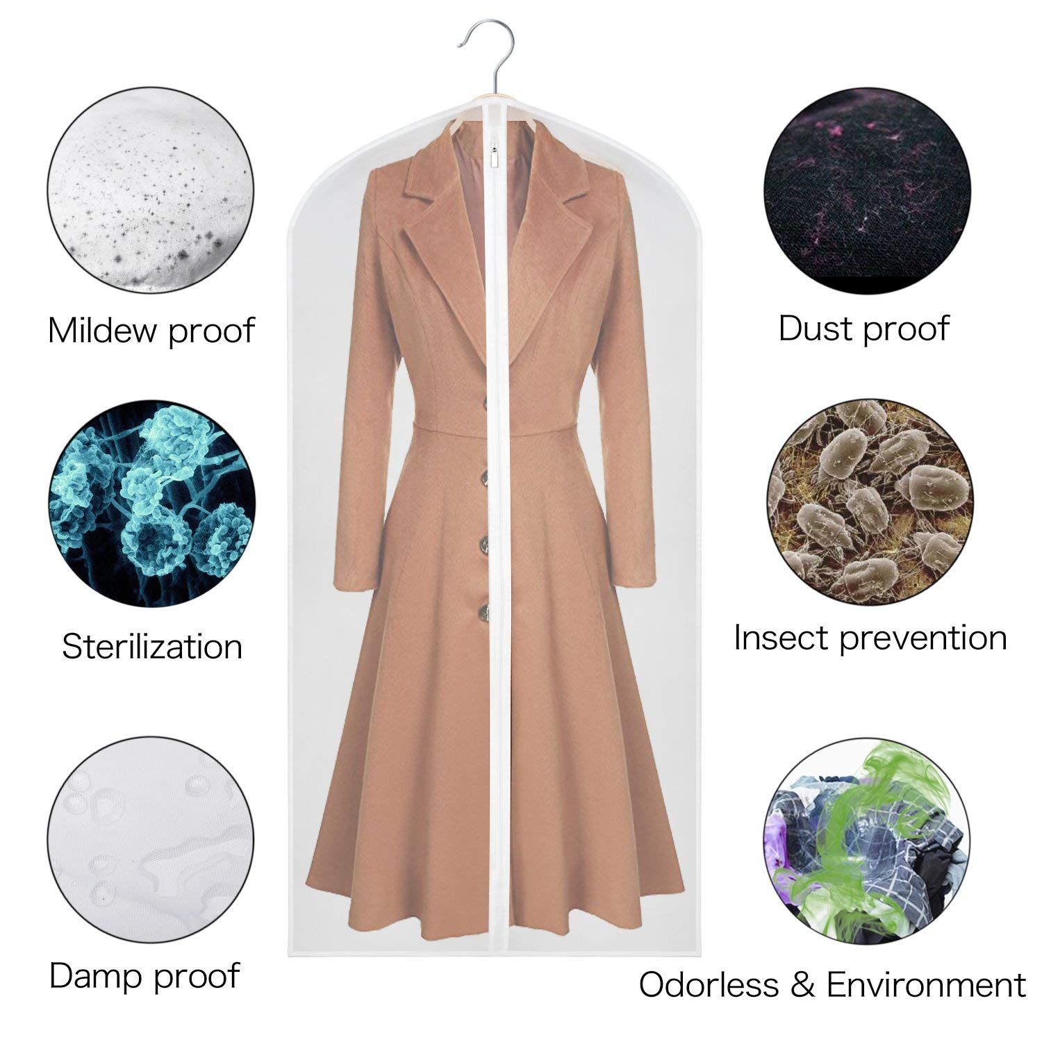 Yibak Garment Covers Bag (6 PCS), 60inch Suit Bag for Storage Cloth Cover Anti-Moth Protector Washable Clear Reuse Full Zipper Garment Bags for Long