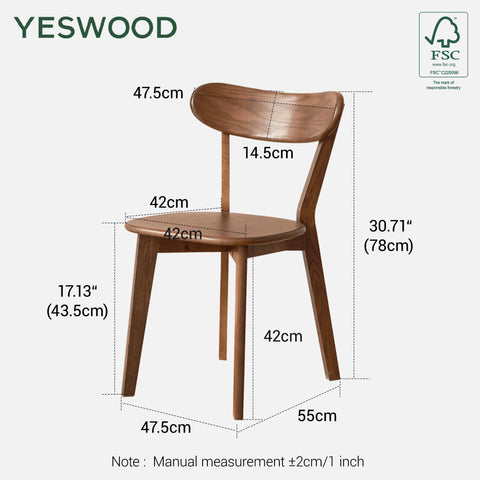 100% FAS Solid Oak Dining Chairs 2PCS Curved Backrest Wooden Side Chairs