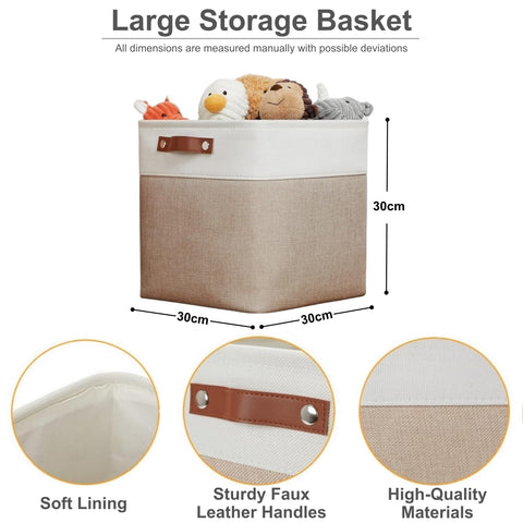VIIHTYISA Fabric Storage Box, 4-Piece Set 30x30x30cm Cube Storage Boxes with Faux Leather Handle for Cube Shelves, Closet, Wardrobes | Khaki & White