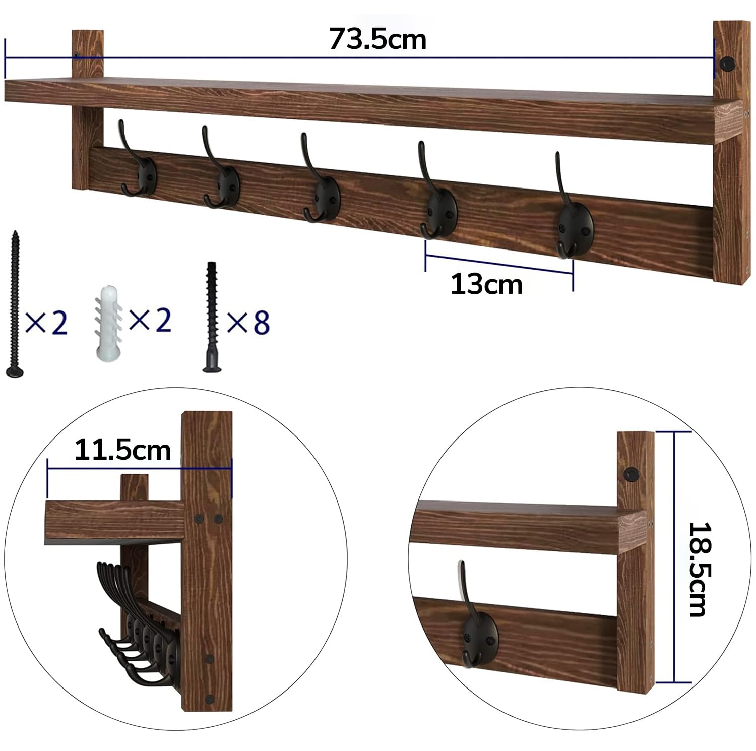 AMBIRD Wall Hooks with Shelf - 73.5cm Length Entryway Wall-Mounted Wooden Coat Hooks with Integrated Shelf