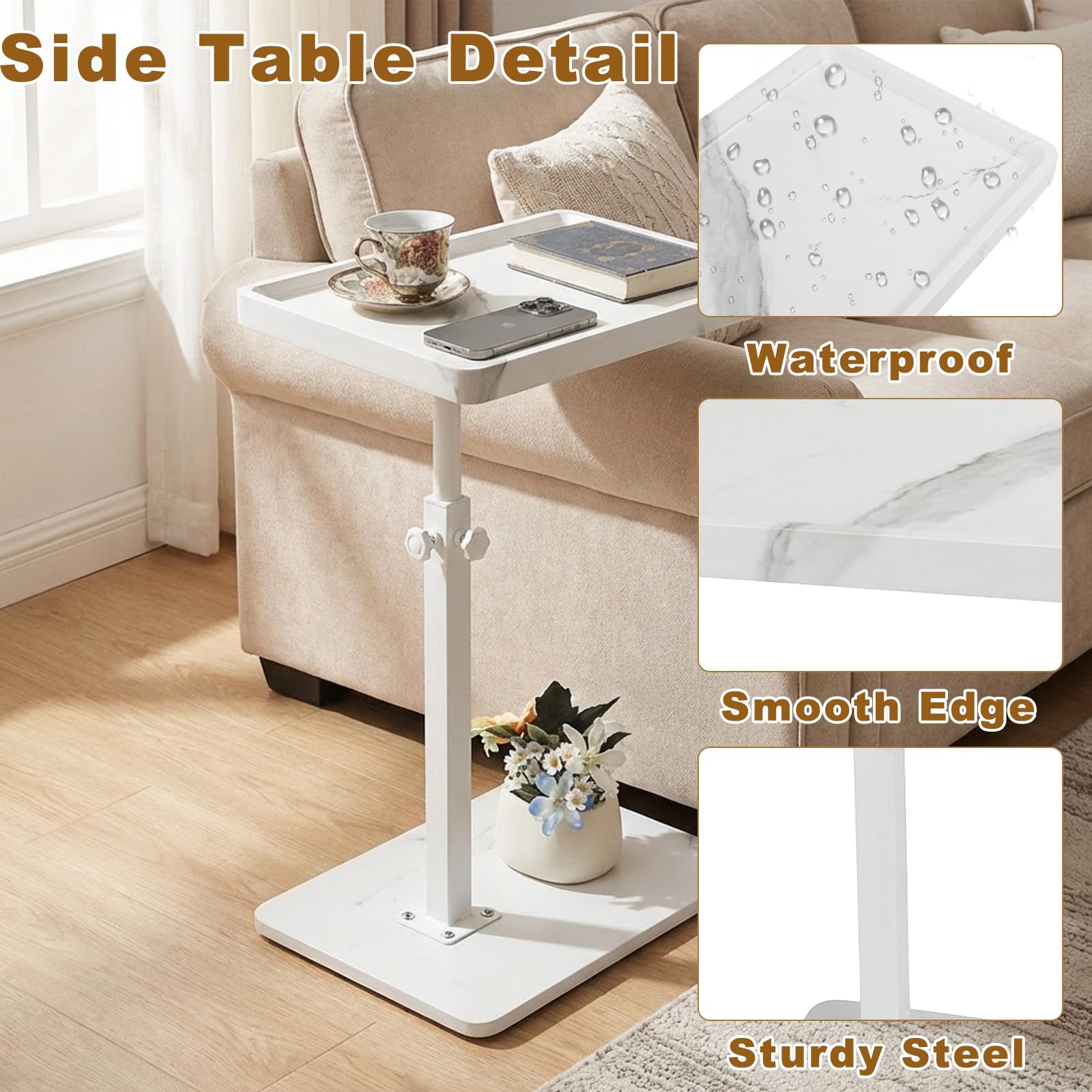 Simcat Adjustable Height C Shaped Side Table With Wheels, 360° Rotated Tray