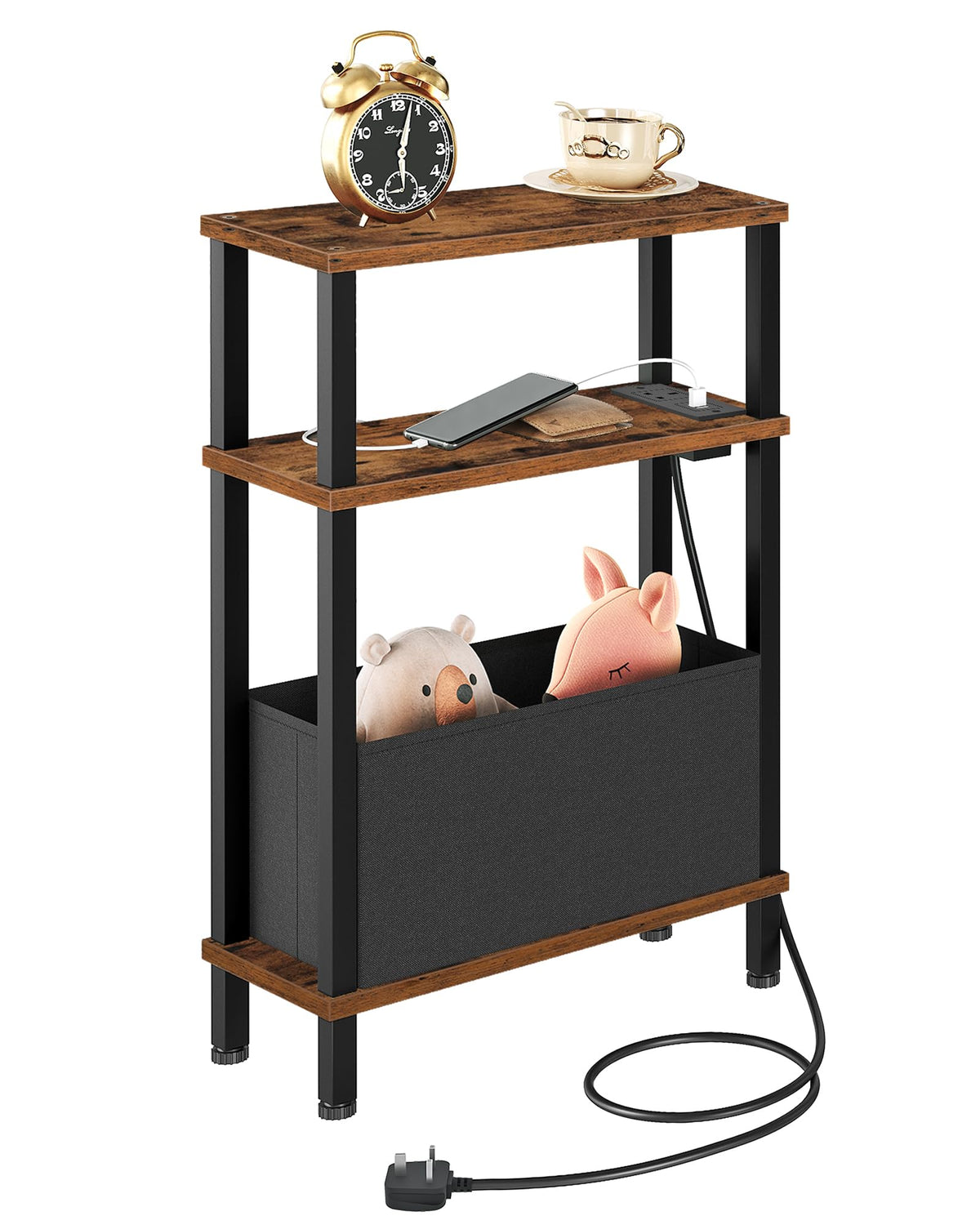 CHOEZON Slim Side Table with Charging Station, 3-Tier Narrow Side Table with Drawer, Skinny Bedside Table, End Table for Small Spaces, for Bedroom