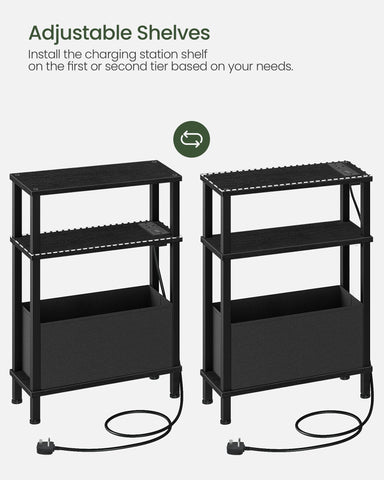 CHOEZON Slim Side Table with Charging Station, 3-Tier Narrow Side Table with Drawer, Skinny Bedside Table, End Table for Small Spaces, for Bedroom