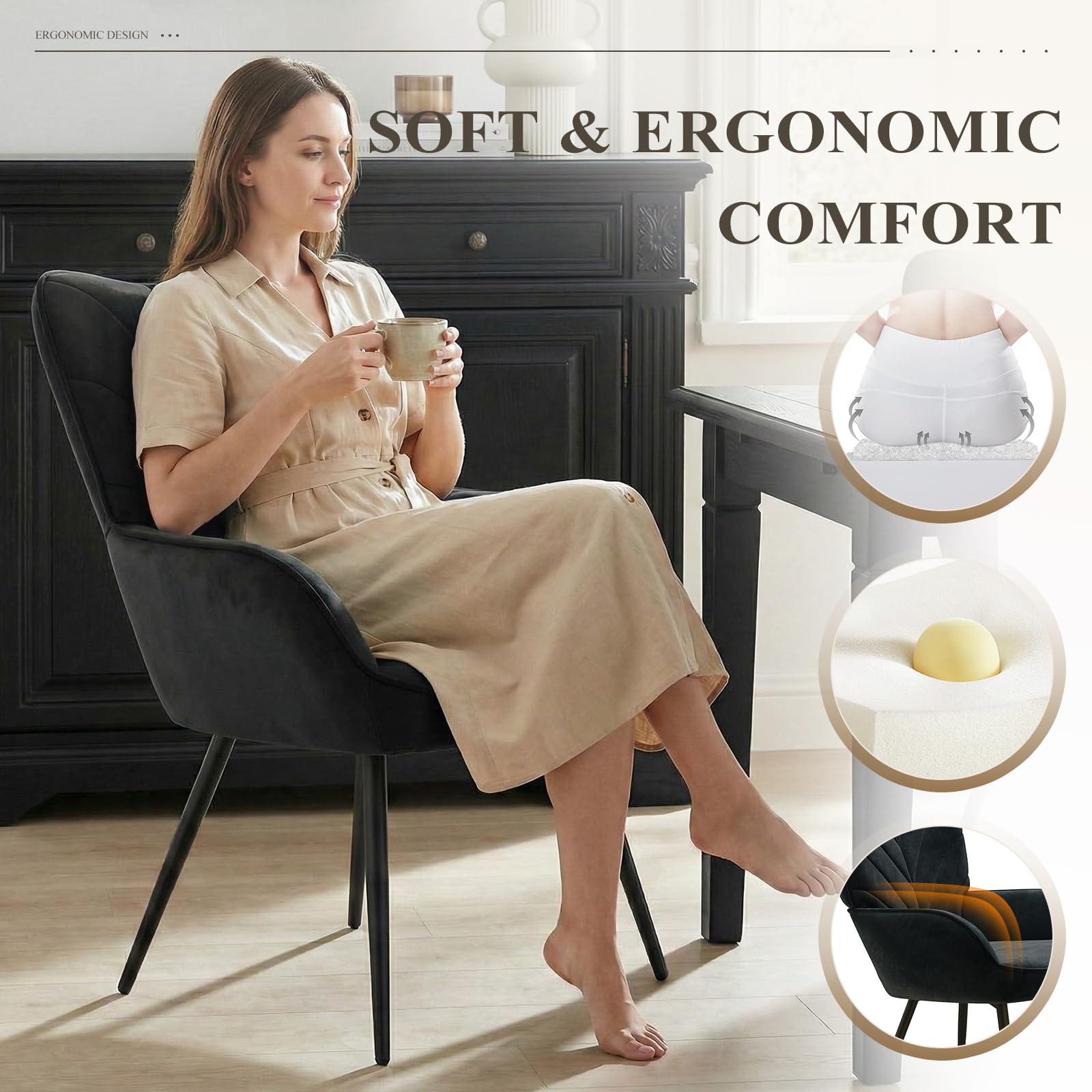 COLAMY Velvet Accent Chair with Black Metal Legs, Modern Armchair with Ergonomic Backrest