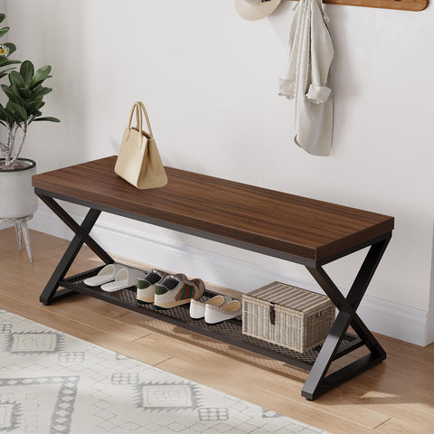 LVB Entryway Shoe Rack with Storage, Wood and Metal Indoor Bench for Entrance, Long Wooden Hallway Bench with Seating for Living Room