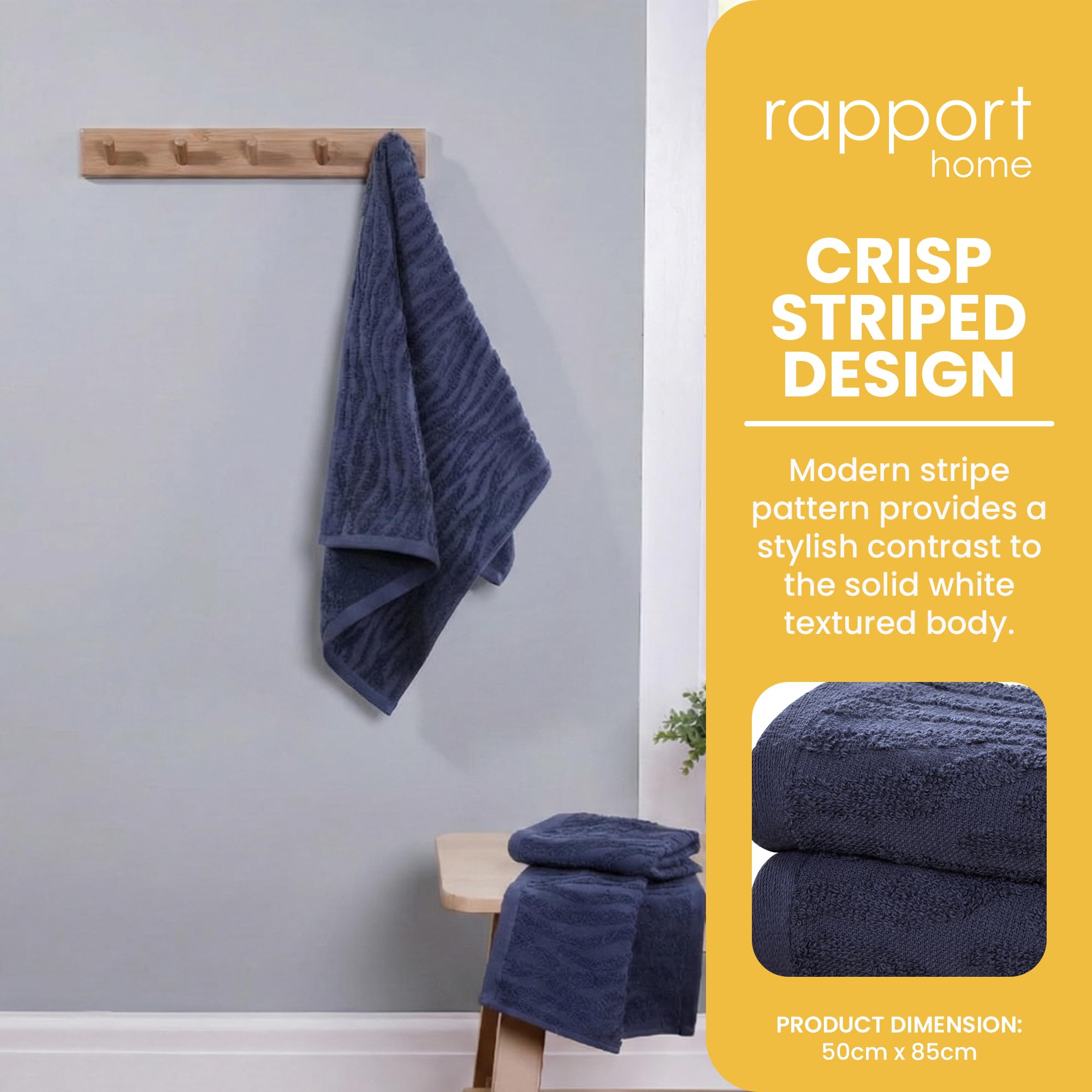 Rapport Home 2-Pack Safari Hand Towels | Midnight Blue | 50x85cm 100% Cotton 500GSM | Absorbent & Soft Bathroom Towel Set | Oeko-Tex Certified